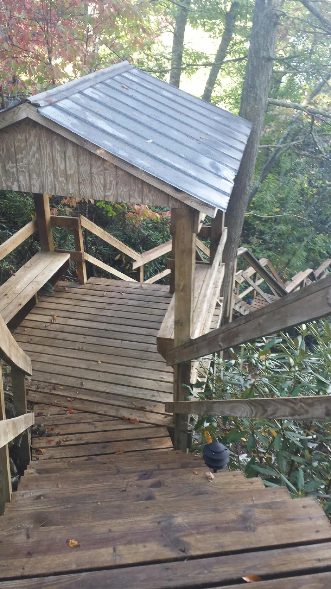 Metal roofed shelter over wooden steps on a wooded walkway — Skylight Repair & Installation work by our crew in Berwick